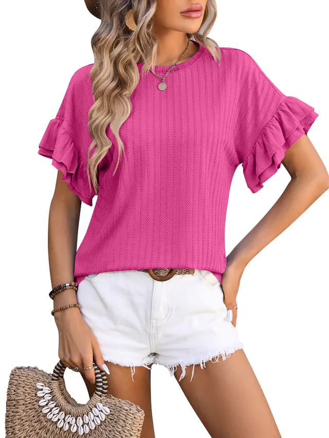 Women's Solid Color Round Neck Ruffled Short Sleeves Rose Red - Shop at LoveMi