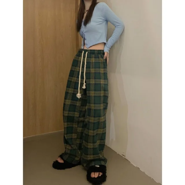 Women's Mop Drawstring Plaid Casual Pants Green Grid - Shop at LoveMi