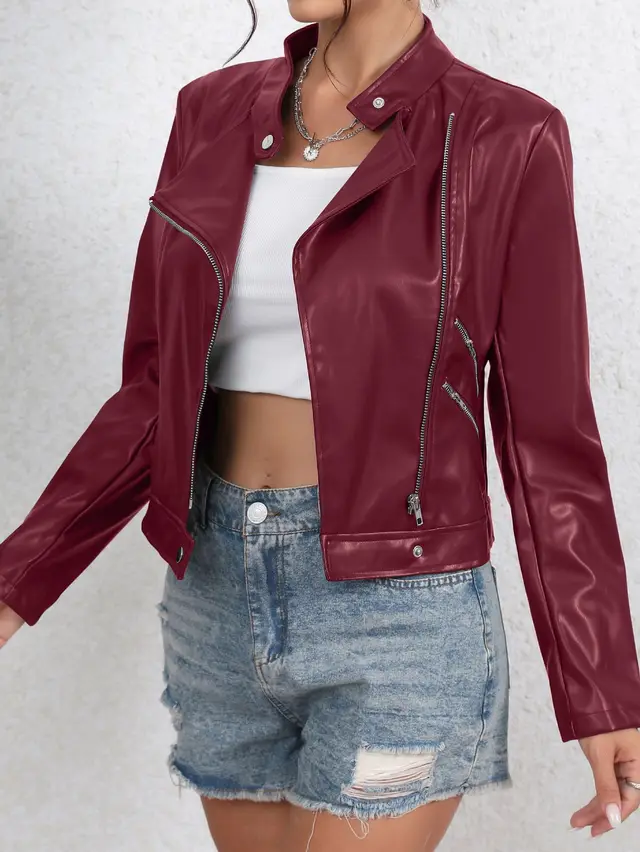 Fashionable All match Leather Jacket Wine Red - Shop at LoveMi