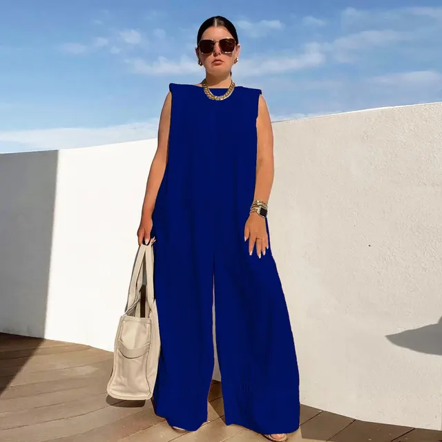 European And American Leisure Solid Color Wide Leg Jumpsuit Blue - Shop at LoveMi