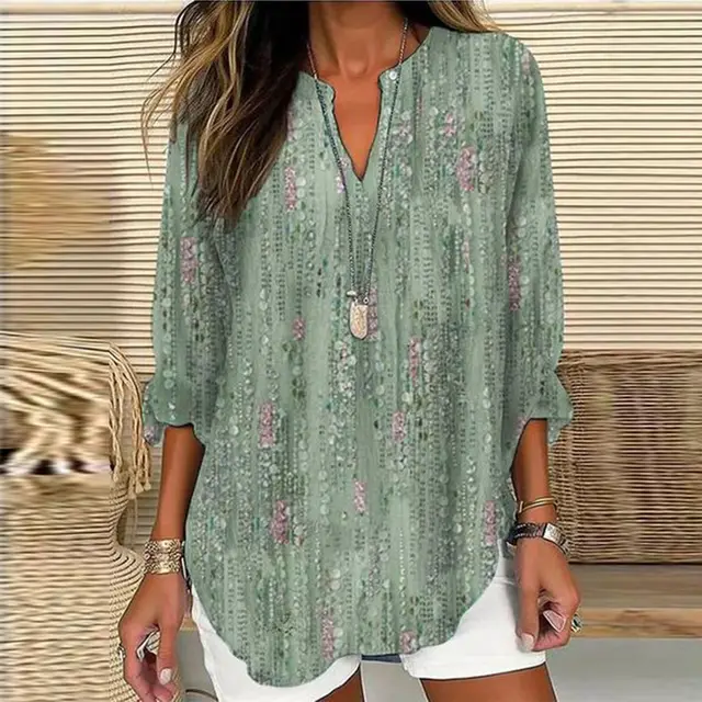 Small V neck Long Sleeve Independence Day Floral Simple Casual Elegant T shirt Long Sleeve 12 D719 - Shop at LoveMi