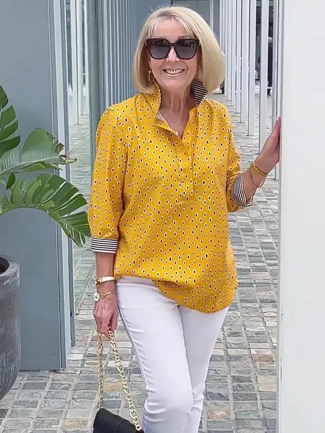 Women's Boho Vacation Style Polka Dot Back Button Printed Top Three quarter Sleeve Shirt Yellow - Shop at LoveMi