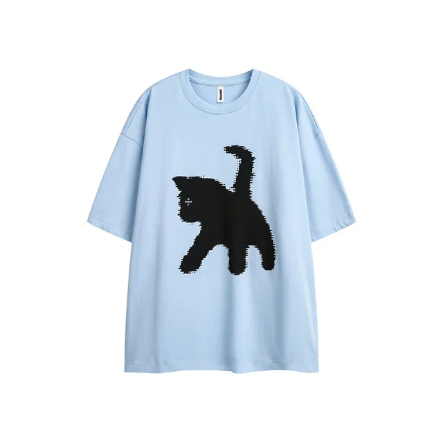 Women's Cartoon Silhouette Cat Printing Short sleeved T shirt Blue - Shop at LoveMi