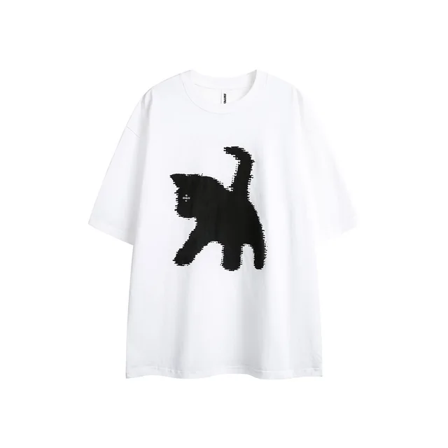 Women's Cartoon Silhouette Cat Printing Short sleeved T shirt White - Shop at LoveMi