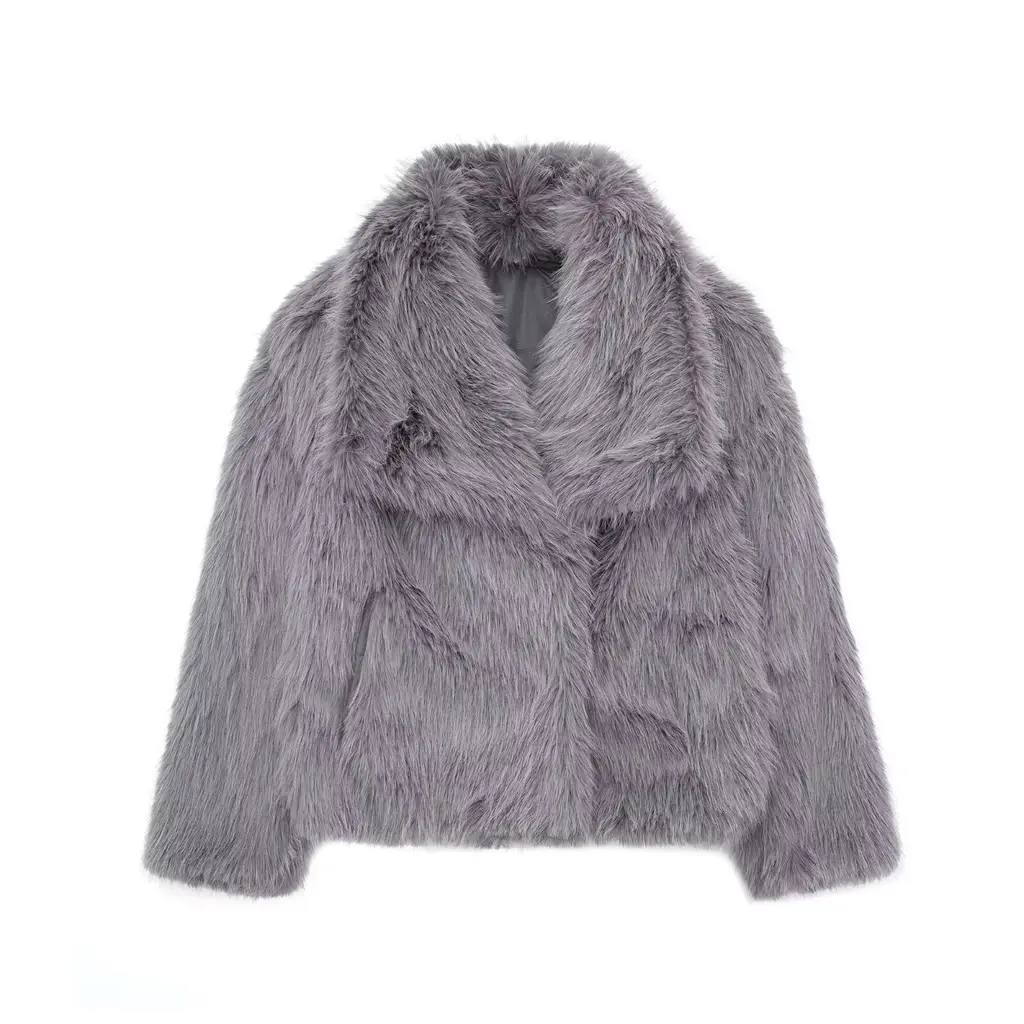 Winter Plush Coat Fashion Warm Thicken Fluffy Lapel Jacket Outwear Casual Long Sleeve Tops Womens Clothing - Grey
