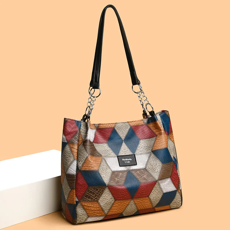 Retro Geometric Pattern Color matching Shoulder Bag Fashion Large Capacity Stitching Handbag For Women Totes Black - Shop at LoveMi