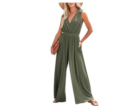 European And American Sleeveless Jumpsuit V neck Elegant Women's Formal Casual Army Green - Shop at LoveMi