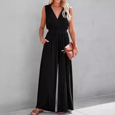 European And American Sleeveless Jumpsuit V neck Elegant Women's Formal Casual Black - Shop at LoveMi