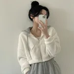 Warm Leisure Sports Loose Lamb Fur Hooded Pocket Small Plush Coat - Beige