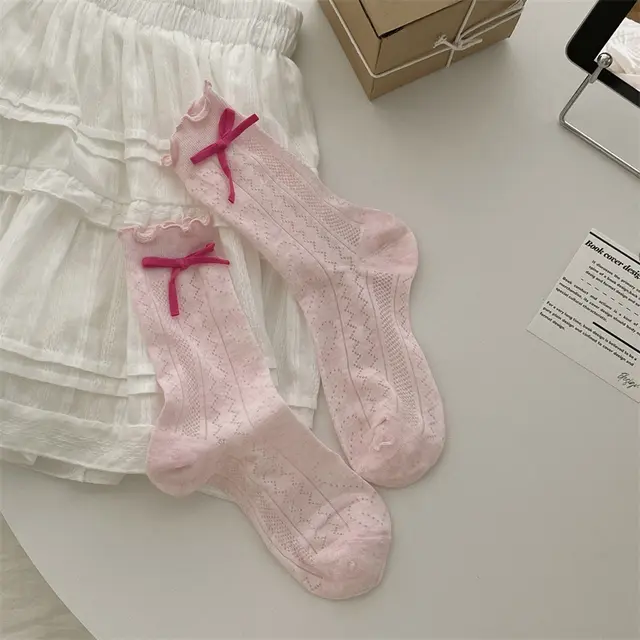 Thin Mesh Solid Color Bow Mid calf Length Loose Socks Breathable Sweat Absorbing Light Pink - Shop at LoveMi
