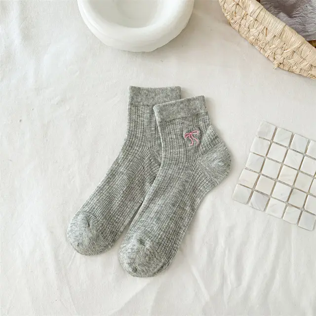 Bow Embroidered Short Thin Socks Short Gray - Shop at LoveMi