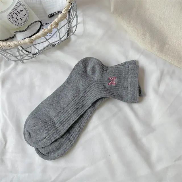 Bow Embroidered Short Thin Socks Light Heather Gray - Shop at LoveMi
