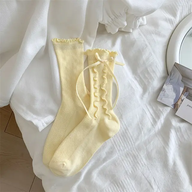 Jk Girly Style Side Wooden Ear Bow Ribbon Female Middle Tube Socks Custard - Shop at LoveMi