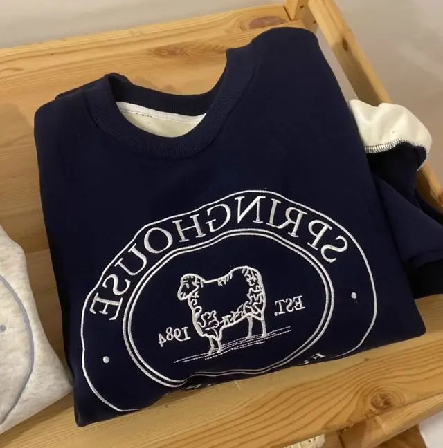 Embroidered Lamb Round Neck Long Sleeve Fleece Pullover Navy Blue - Shop at LoveMi