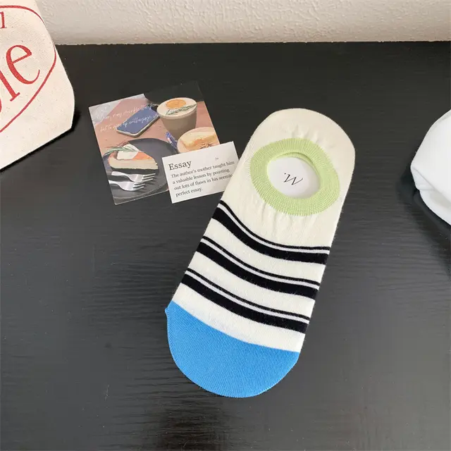 Geometric Pattern Love Stripe Rhombus Women's Low cut Liners Socks Invisible White With Black Stripes - Shop at LoveMi