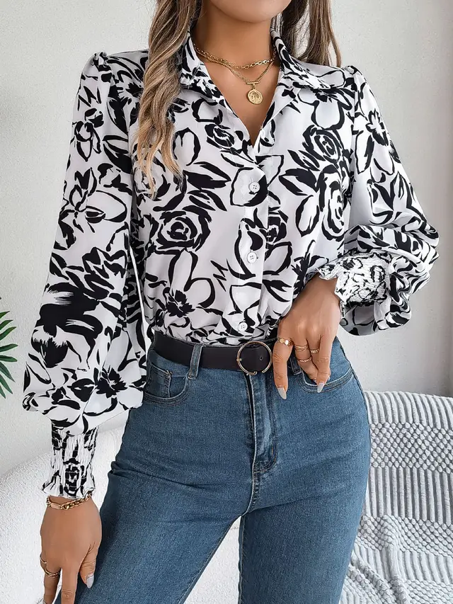 Elegant Contrast Color Flower Lantern Sleeve Lapel Shirt White - Shop at LoveMi