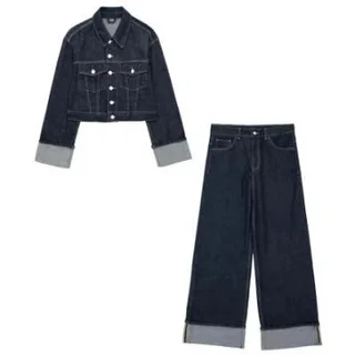 New Women's Hemming Sleeve Denim Jacket Coat Trousers - Top And Pants