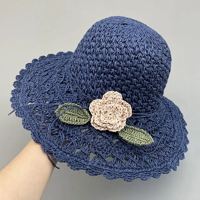 Hand woven Summer Hat Straw Hat Female Sunshade Flower Foldable Sun Protection Sun Hat Navy Blue - Shop at LoveMi