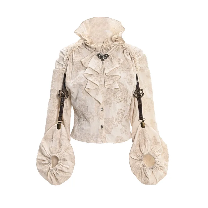 Steampunk Cotton Linen European Style Distressed Stand Collar Ruffle Shirt - Apricot