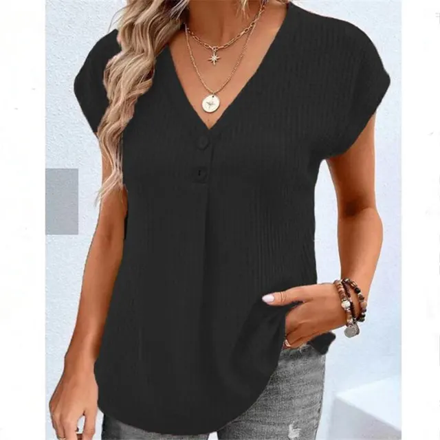 Women's Clothing European And American Top Solid Color Buttons Fashion Short Sleeve Black - Shop at LoveMi