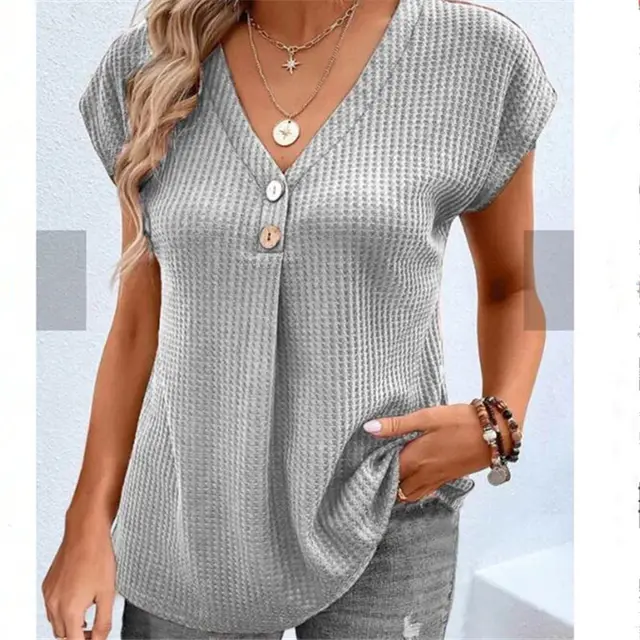 Women's Clothing European And American Top Solid Color Buttons Fashion Short Sleeve Gray - Shop at LoveMi