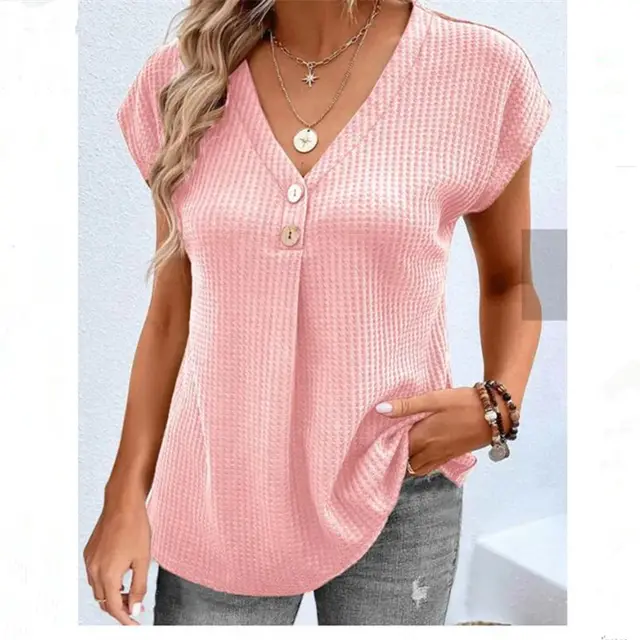 Women's Clothing European And American Top Solid Color Buttons Fashion Short Sleeve Pink - Shop at LoveMi