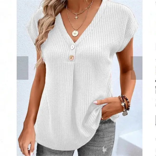 Women's Clothing European And American Top Solid Color Buttons Fashion Short Sleeve White - Shop at LoveMi