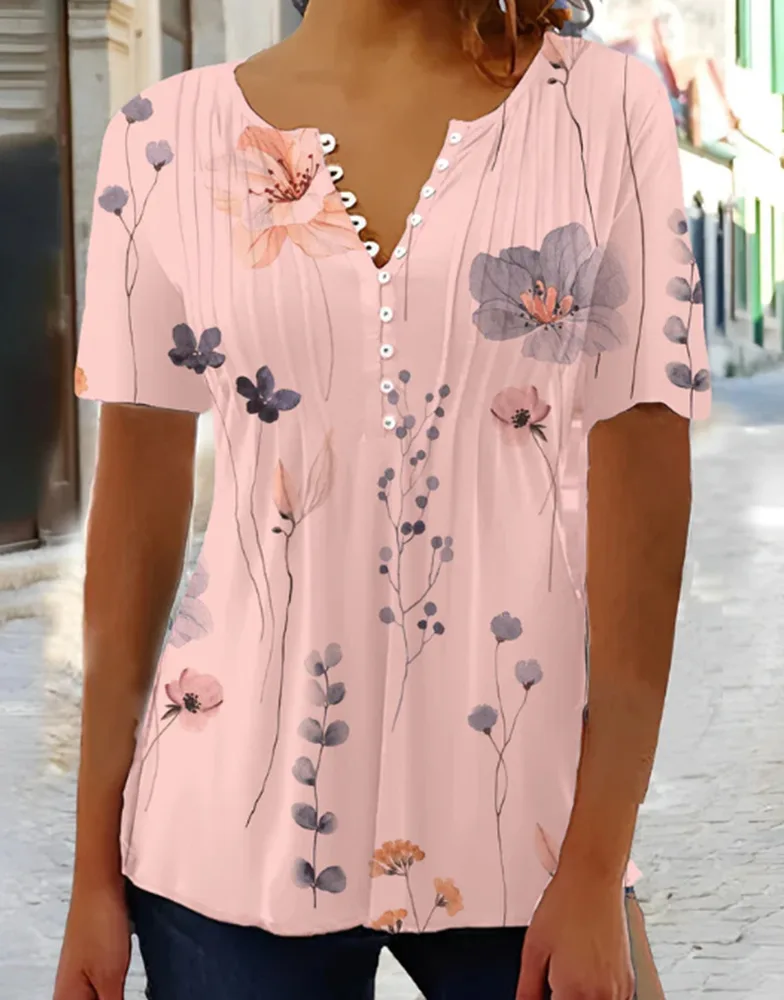 European American Summer New Fashion Printed Casual Short Sleeve Pleated Breasted T shirt For Women Pink - Shop at LoveMi