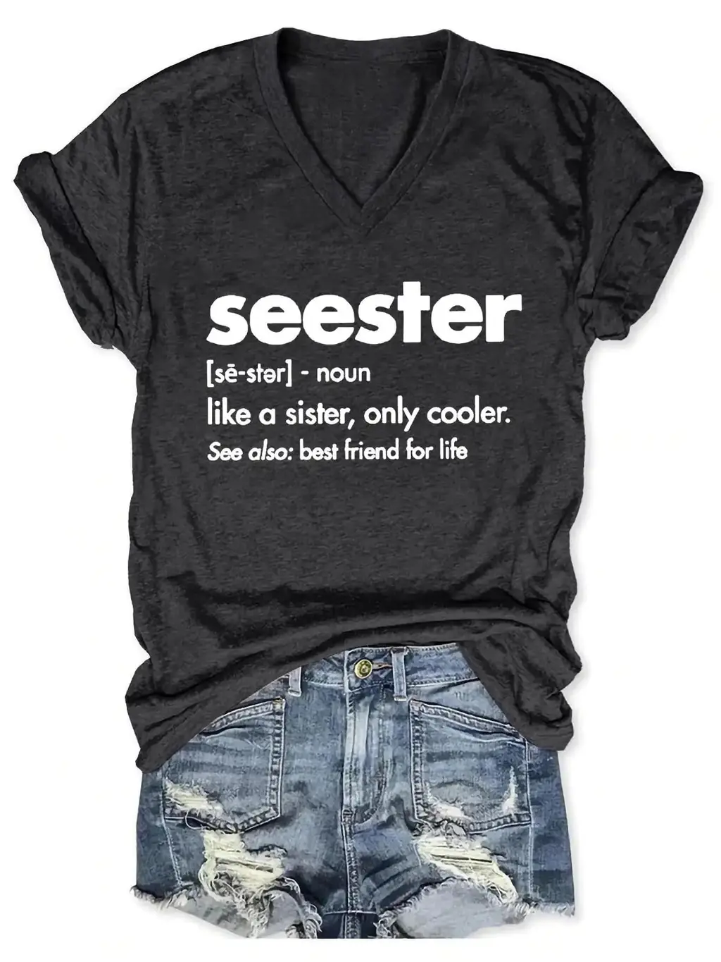 Seester Like A Sister V-Neck Shirt - Black
