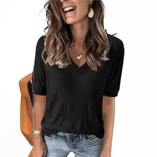 European And American V-neck Summer Knitwear Short Sleeve Top - Black