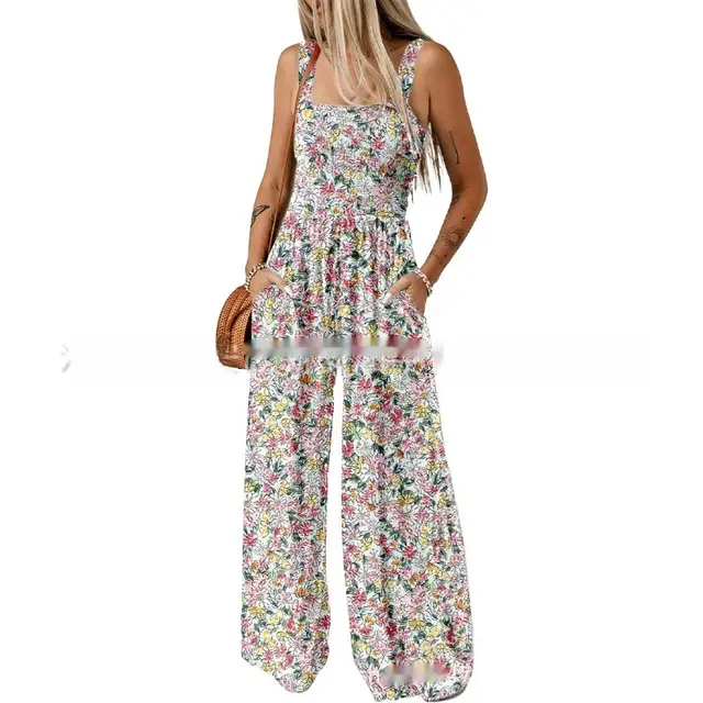European And American Bohemian Spaghetti strap Floral Print Overalls Pink And White - Shop at LoveMi