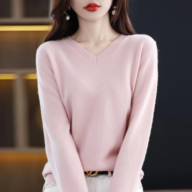 Women's Knitted Bottoming Shirt Versatile Cashmere Sweater Loose Outer Wear Pink - Shop at LoveMi