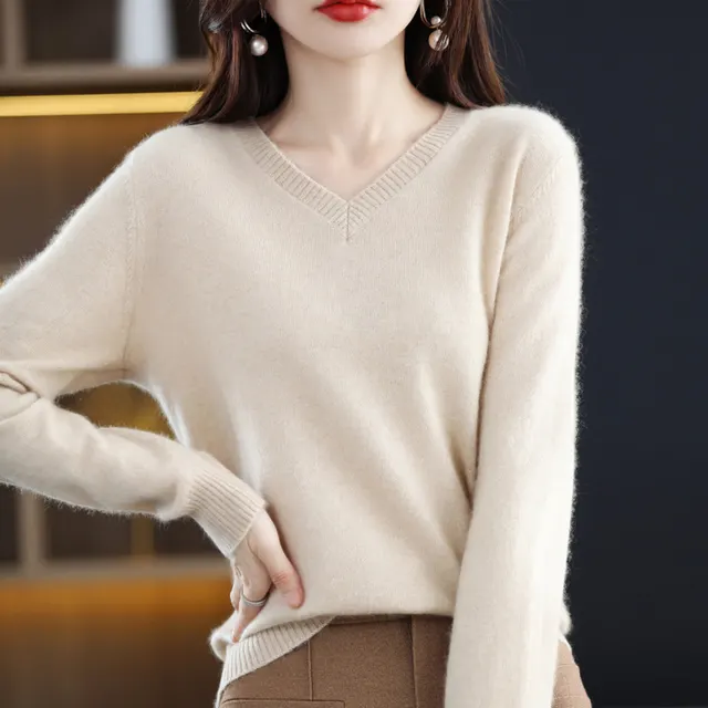 Women's Knitted Bottoming Shirt Versatile Cashmere Sweater Loose Outer Wear Raw Velvet Rice - Shop at LoveMi