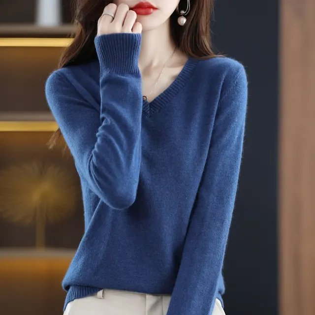 Women's Knitted Bottoming Shirt Versatile Cashmere Sweater Loose Outer Wear Seaweed Blue - Shop at LoveMi