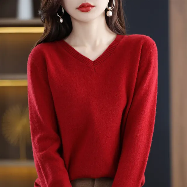 Women's Knitted Bottoming Shirt Versatile Cashmere Sweater Loose Outer Wear Wine Red - Shop at LoveMi