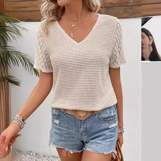 Summer New Lace Stitching Short Sleeve V neck Short Sleeve Beige - Shop at LoveMi