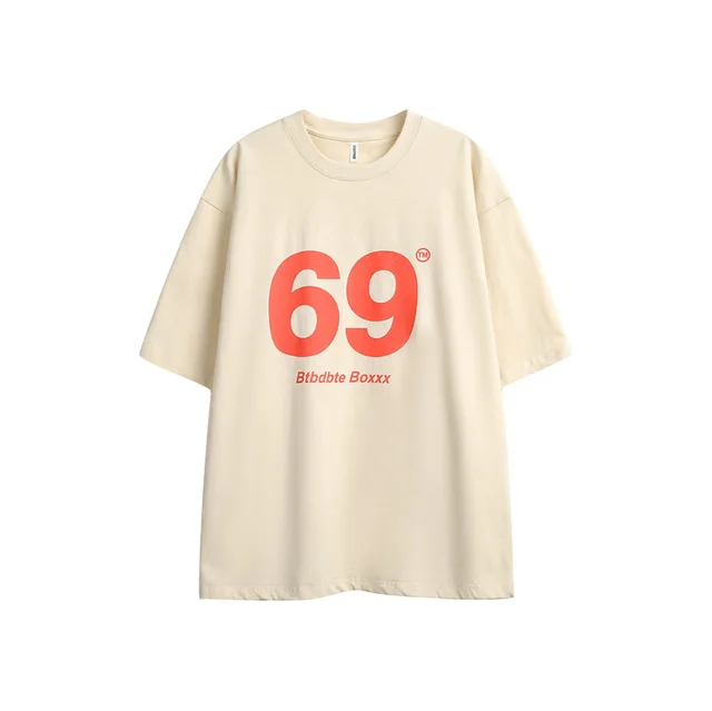 Women's Digital 69 Printed Short sleeved T shirt Street Fashion Apricot - Shop at LoveMi