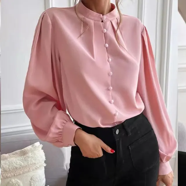 Commute Style Solid Color Round Neck Long Sleeve Single breasted Women's Shirt Pink - Shop at LoveMi