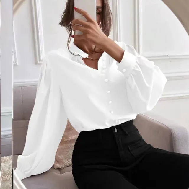 Commute Style Solid Color Round Neck Long Sleeve Single breasted Women's Shirt White - Shop at LoveMi