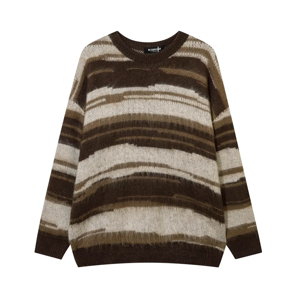 American Vintage Suede Striped Contrast Color Round Neck Sweater Brown - Shop at LoveMi