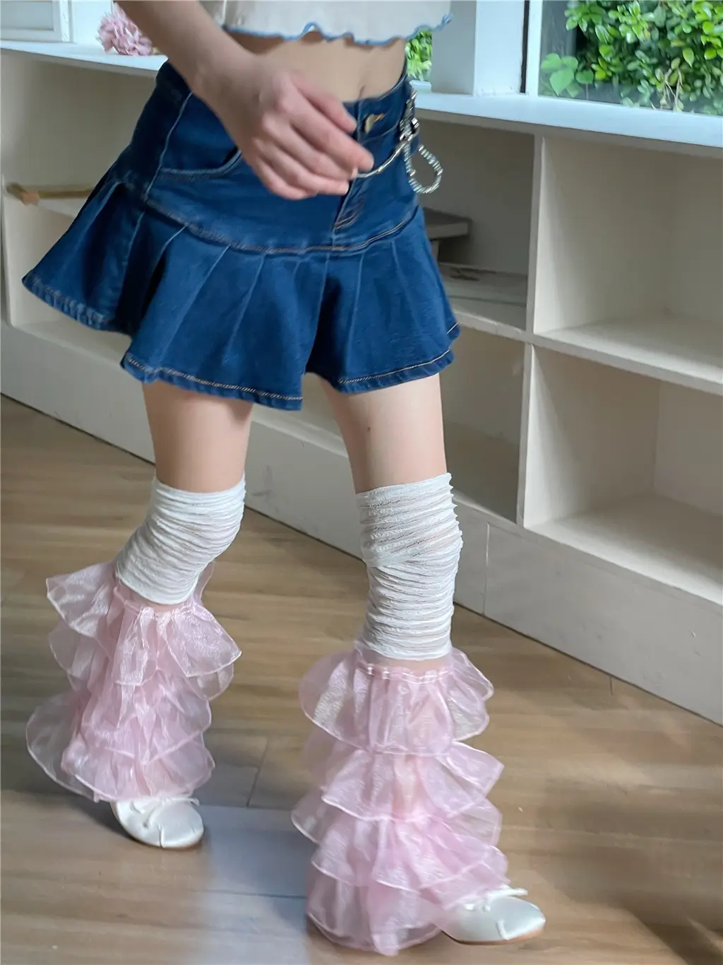 Pure Desire Style Y2g Sub-culture Lace Stitching Leg Warmer Bunching Socks - White Pink Yarn