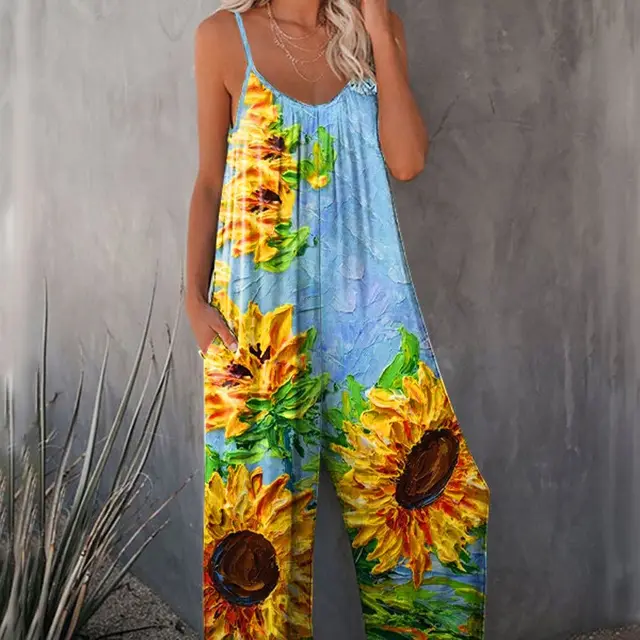 Spring And Summer Bohemian Style Sunflower Print Pleated Suspenders Sunflower - Shop at LoveMi