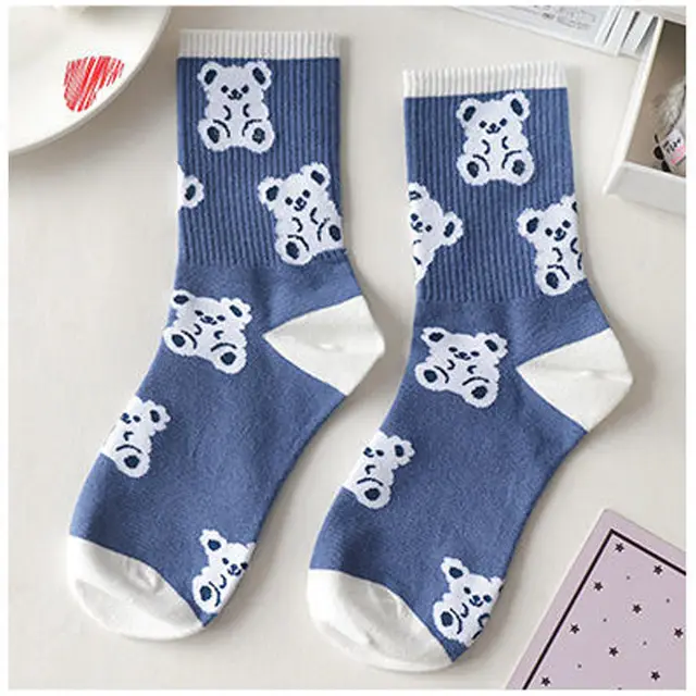 Women's Cute Cartoon Bear Thin Mid calf Length Socks Blue Bottom Bear - Shop at LoveMi