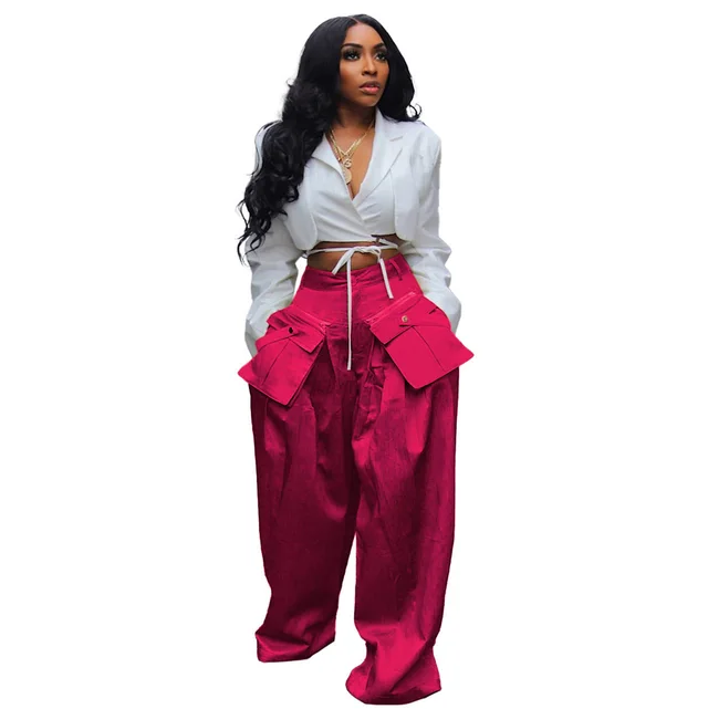 Fashion Women's Casual Detachable Three dimensional Pocket Wide leg Pants Rose Red - Shop at LoveMi