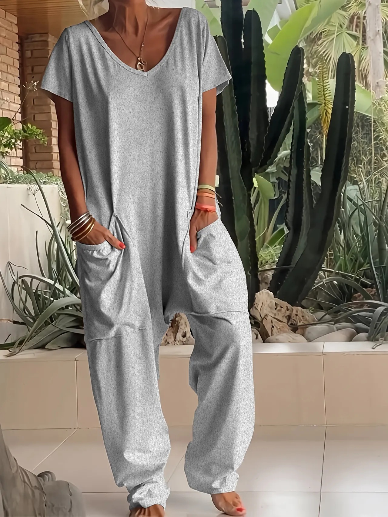 European And American Solid Color And V-neck Oversized Pocket Low-grade Jumpsuit - Flower Grey