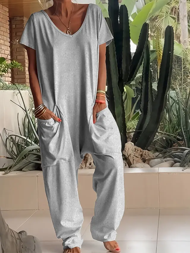 European And American Solid Color And V neck Oversized Pocket Low grade Jumpsuit Flower Grey - Shop at LoveMi