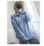 Casual All-match Open Collar Wool Sweater - Light Blue