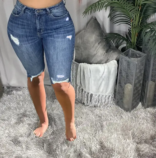 Women's Summer High Waist Stretch Slim fit Mid Denim Shorts Dark Blue - Shop at LoveMi
