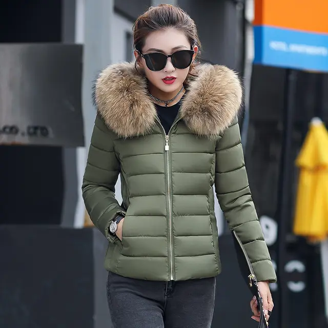 Women's Cotton padded Coat Plus Size Short Fur Collar Slim Quilted Coat Army Green - Shop at LoveMi