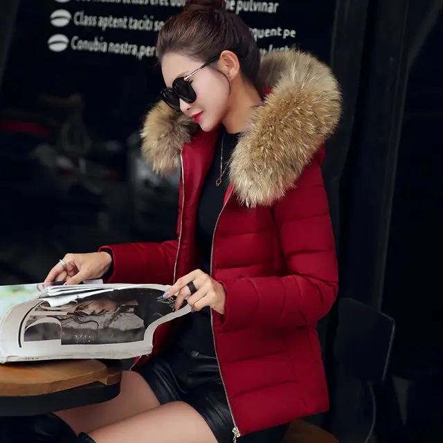 Women's Cotton padded Coat Plus Size Short Fur Collar Slim Quilted Coat Wine Red - Shop at LoveMi